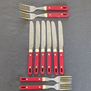 Vintage Flatware. Red And White Plastic Handles. Stainless Steel.